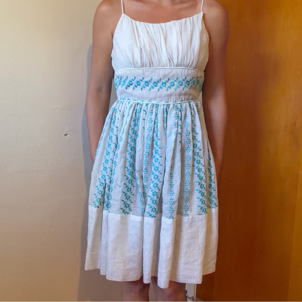 Vintage White Mini Dress with Teal Embroidery
